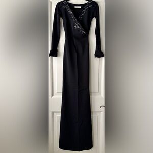 CHIARA BONI Elegant Black Long Sleeve Evening Gown with Embellished V-Neck